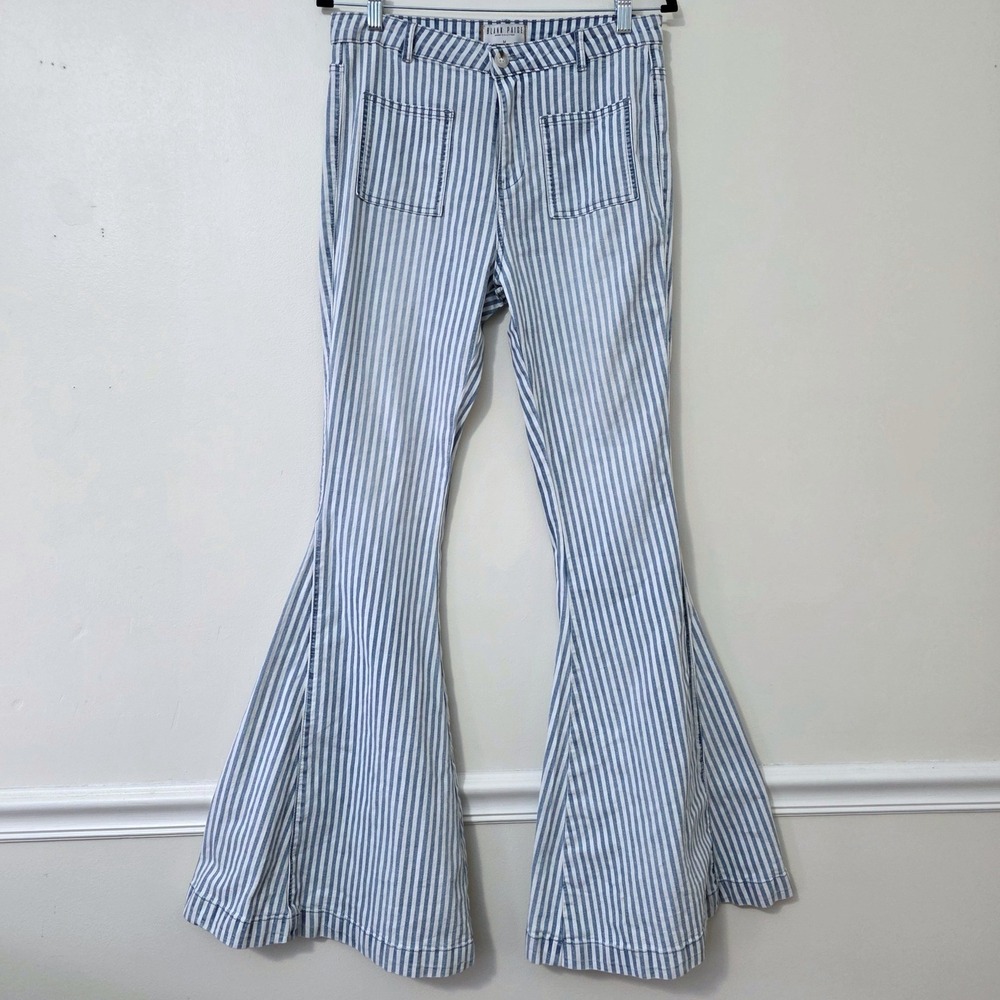 Blank Paige Super Flare Striped Jeans Sz M Denim Bell Bottoms Hippie Festival - Picture 2 of 14